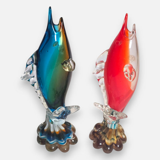 Murano Vintage Red And Green Glass Fish Vases - Multi