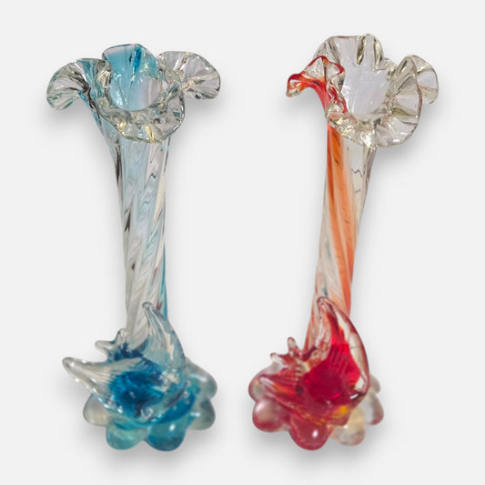 Murano Glass Red And Blue Fish Vases - Red/Blue