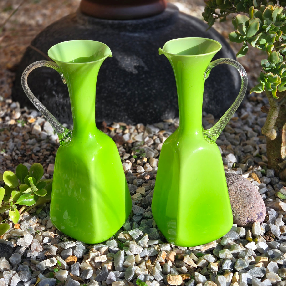 Empoli Vintage Pair Of Green Glass Jugs - Green