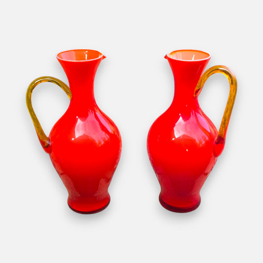 Empoli Vintage Two Red Glass Jugs - Orange Red