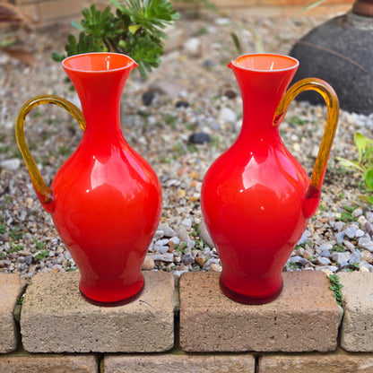 Empoli Vintage Two Red Glass Jugs - Orange Red