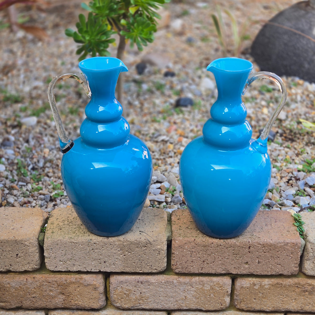Empoli Vintage Two Blue Glass Jugs - Blue