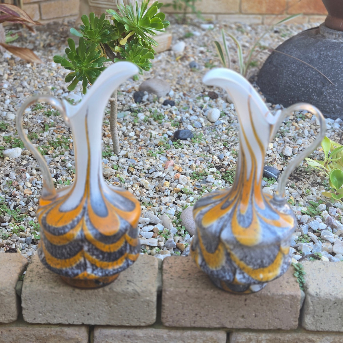 Empoli Pair of Orange And Grey Glass Jugs - Multi