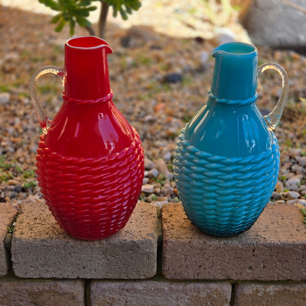 Empoli Vintage Red And Blue Glass Jugs - Red/Blue