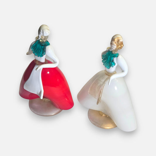 Murano Red And White Pair Glass Figurines - Red/White