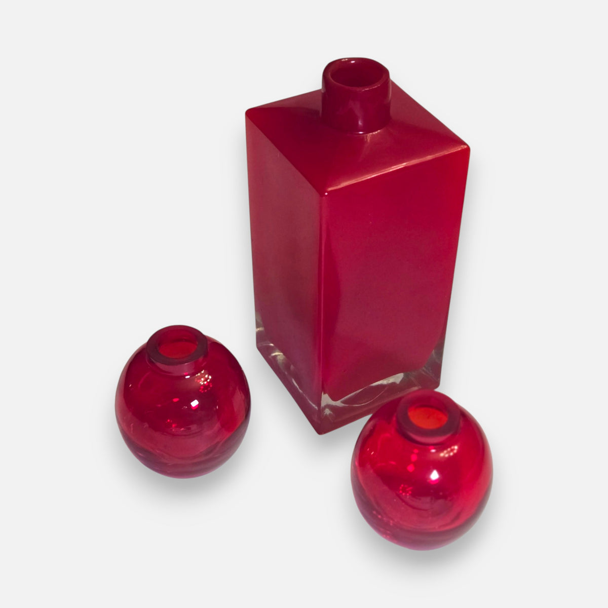 Vintage Ruby Red Square Bottle And Bud Vases - Ruby Red