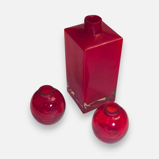 Vintage Ruby Red Square Bottle And Bud Vases - Ruby Red