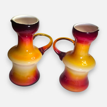 Empoli Vintage Pair of Red Amberina And Yellow Colour Glass Jugs - Amberina/Yellow