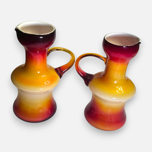Empoli Vintage Pair of Red Amberina And Yellow Colour Glass Jugs - Amberina/Yellow