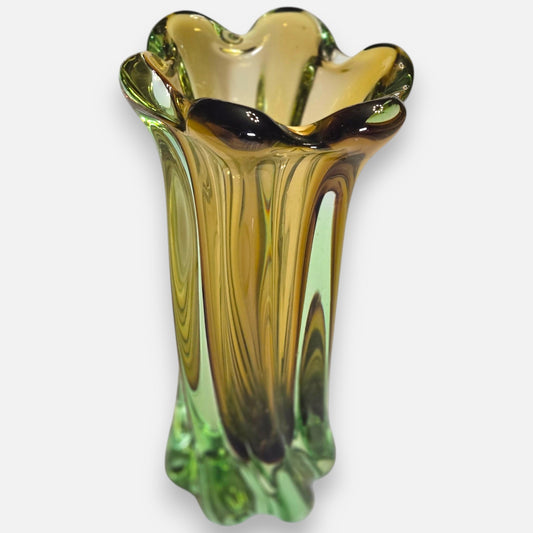 Murano Vintage Amber And Pale Green Glass Vase. - Amber/Olive