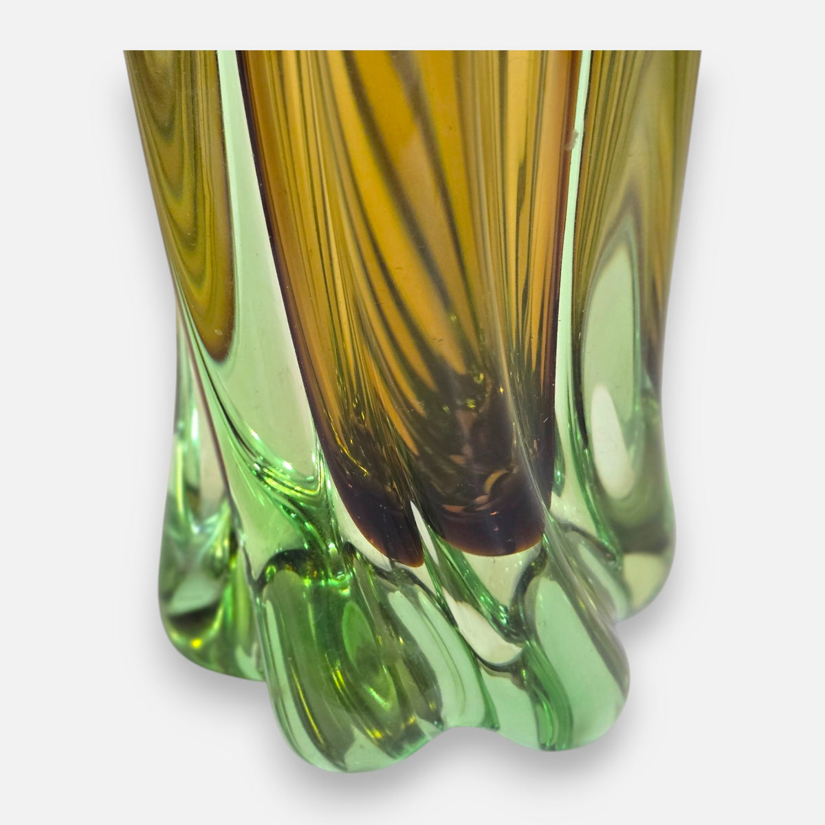 Murano Vintage Amber And Pale Green Glass Vase. - Amber/Olive