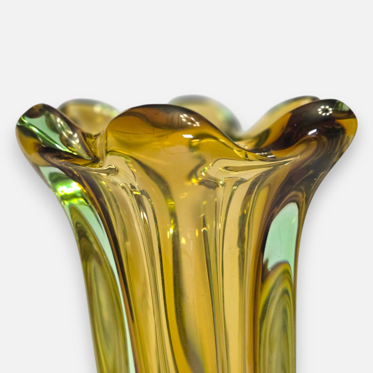 Murano Vintage Amber And Pale Green Glass Vase. - Amber/Olive
