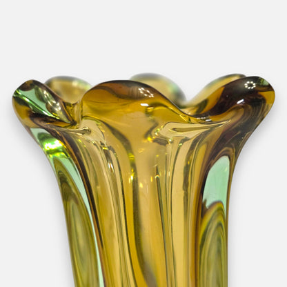 Murano Vintage Amber And Pale Green Glass Vase. - Amber/Olive