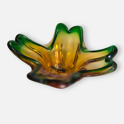 Murano Vintage Green And Honey Amber Glass Bowl Centrepiece - Green/Amber