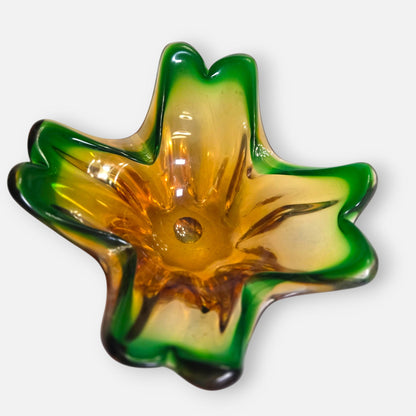 Murano Vintage Green And Honey Amber Glass Bowl Centrepiece - Green/Amber