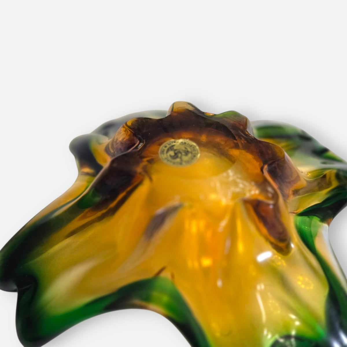 Murano Vintage Green And Honey Amber Glass Bowl Centrepiece - Green/Amber