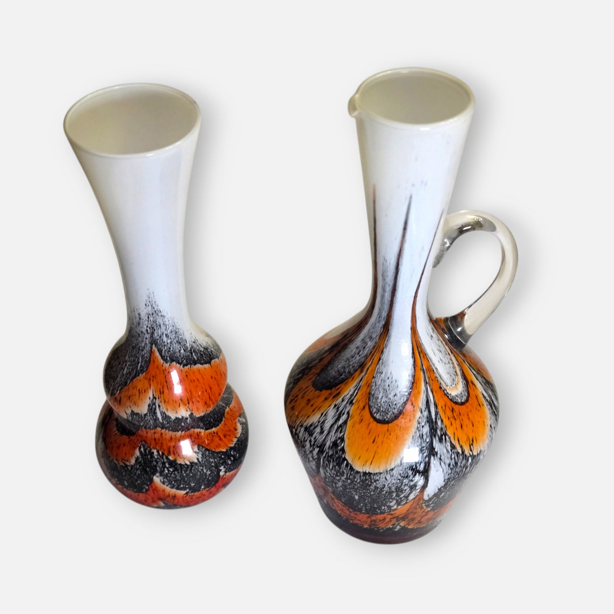 Empoli Vintage Orange And Black Marbled Feathered Glass Jug/Vase - Orange/Black