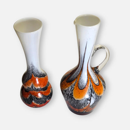 Empoli Vintage Orange And Black Marbled Feathered Glass Jug/Vase - Orange/Black