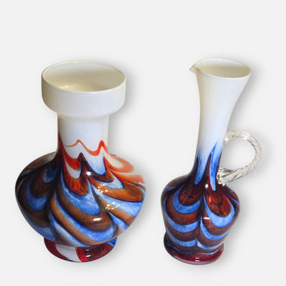 Empoli  Red, Brown, Blue And White Feathered Pattern Glass Jugs - Multi