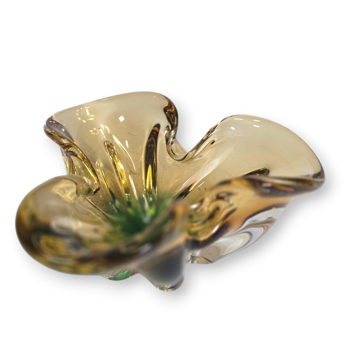 Murano Vintage Amber Champagne And Green Glass Bowl - Amber/Green