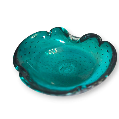 Murano Vintage Turquoise Teal Blue Bullicante Glass Bowl - Turquoise Blue