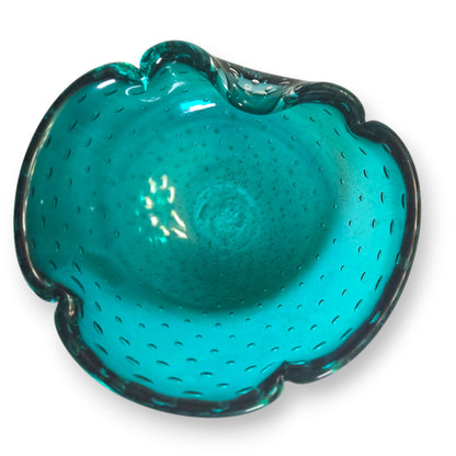 Murano Vintage Turquoise Teal Blue Bullicante Glass Bowl - Turquoise Blue