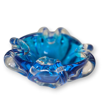 Murano Vintage Acqua Cobalt Blue Glass Ashtray Bowl - Aqua Blue/Amber