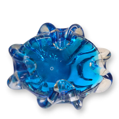 Murano Vintage Acqua Cobalt Blue Glass Ashtray Bowl - Aqua Blue/Amber