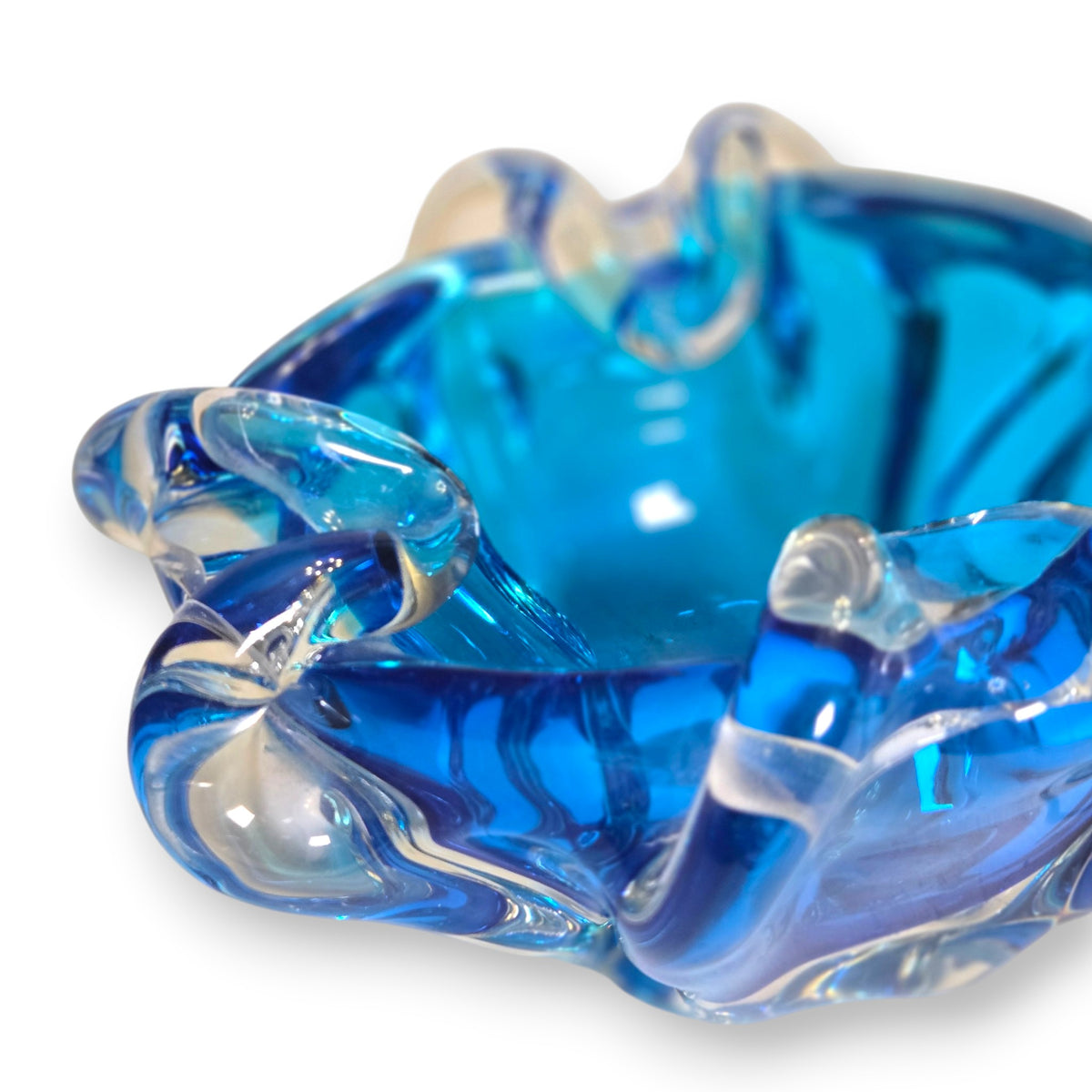 Murano Vintage Acqua Cobalt Blue Glass Ashtray Bowl - Aqua Blue/Amber