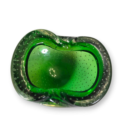 Murano Vintage Emerald Green Bullicante Glass Ashtray Bowl - Green