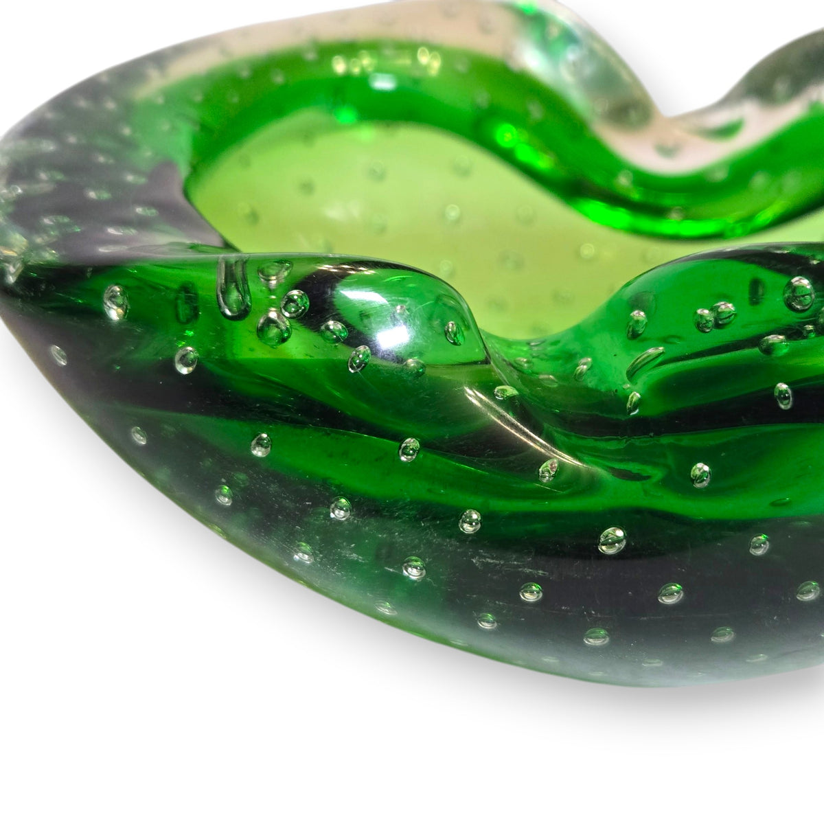 Murano Vintage Emerald Green Bullicante Glass Ashtray Bowl - Green