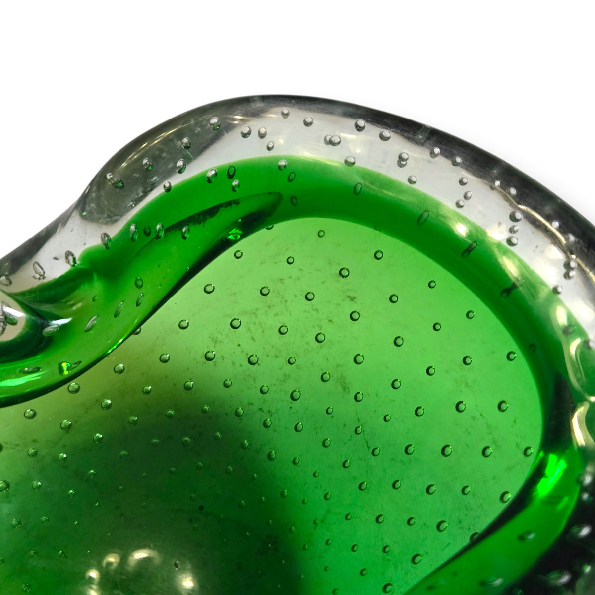 Murano Vintage Emerald Green Bullicante Glass Ashtray Bowl - Green