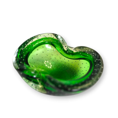 Murano Vintage Emerald Green Bullicante Glass Ashtray Bowl - Green