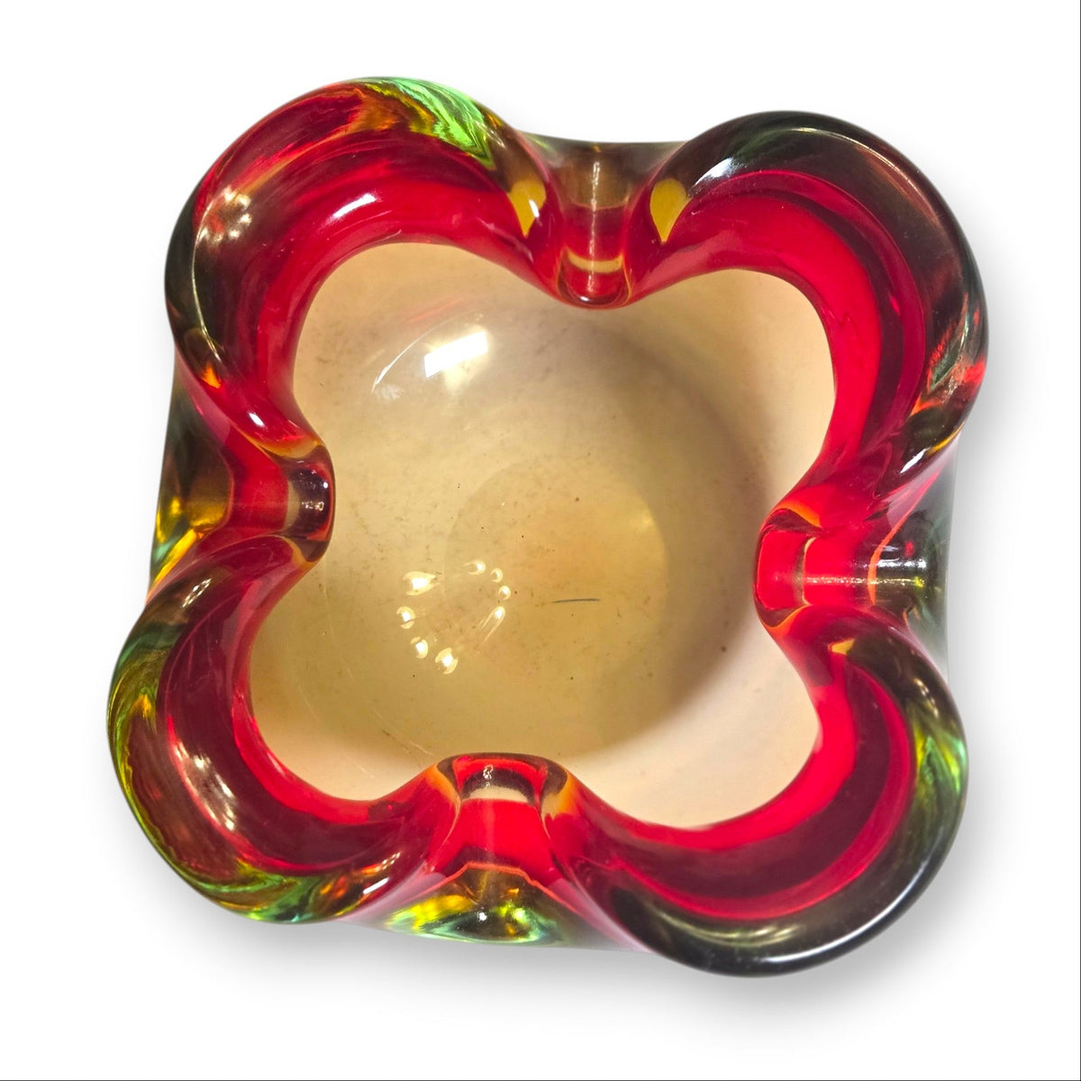 Murano Ruby Red And Subtle Green And Amber Glass Ashtray Bowl - Red/Green