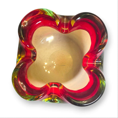 Murano Ruby Red And Subtle Green And Amber Glass Ashtray Bowl - Red/Green