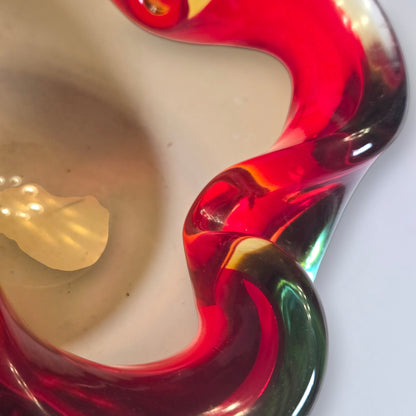 Murano Ruby Red And Subtle Green And Amber Glass Ashtray Bowl - Red/Green