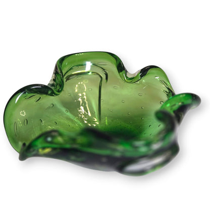 Murano Vintage Green Glass Bullicante Ashtray Bowl - Green