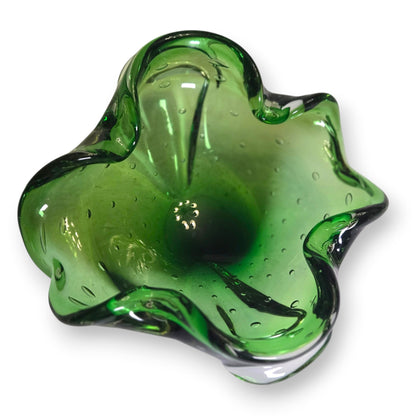 Murano Vintage Green Glass Bullicante Ashtray Bowl - Green