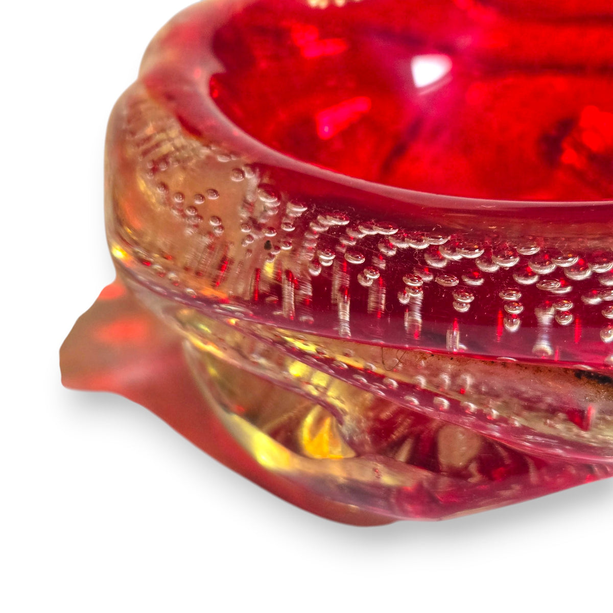 Murano Vintage Ruby Red Bullicante Glass Ashtray Bowl - Ruby Red