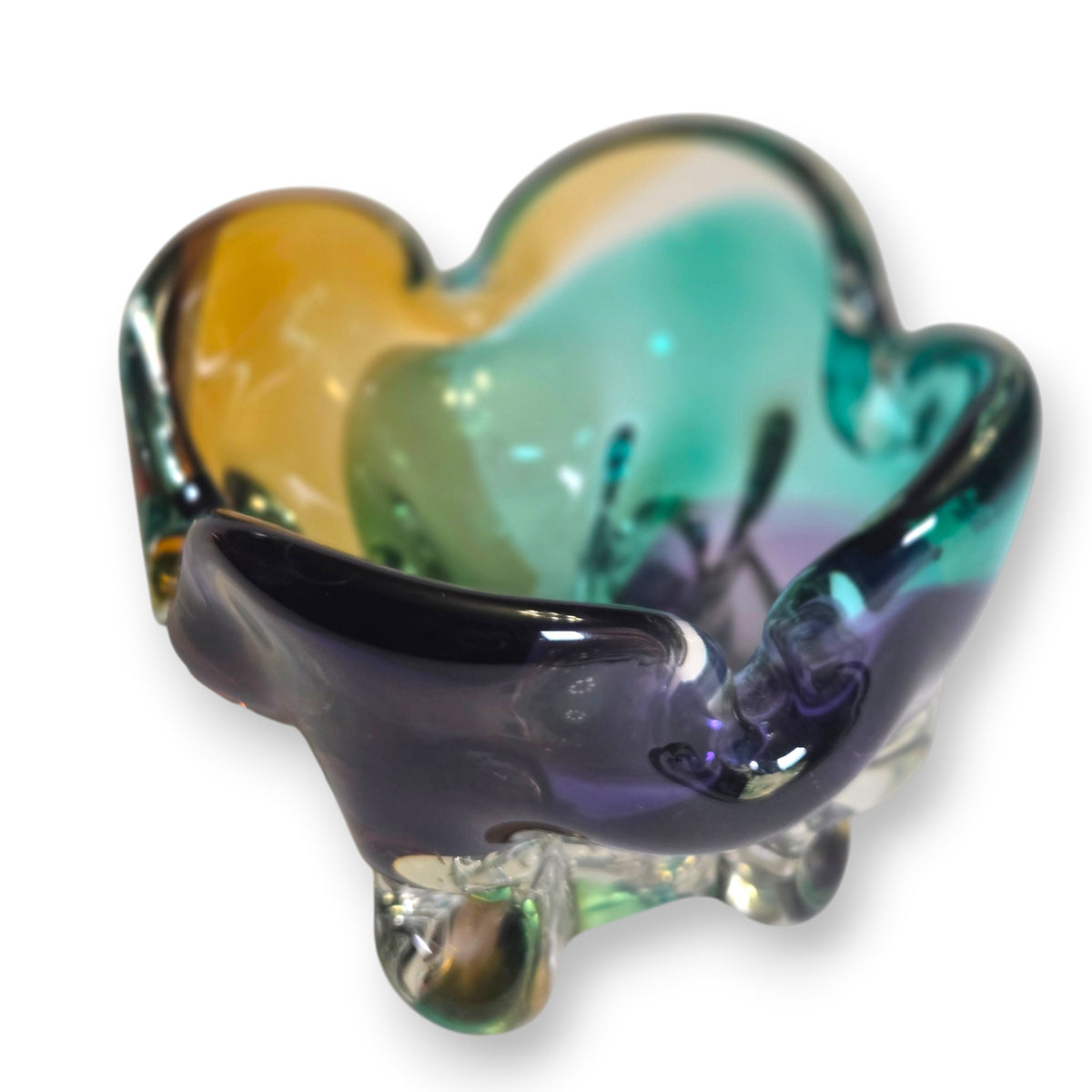 Murano Vintage Turquoise Amethyst And Amber Colour Glass Bowl - Turquoise Blue