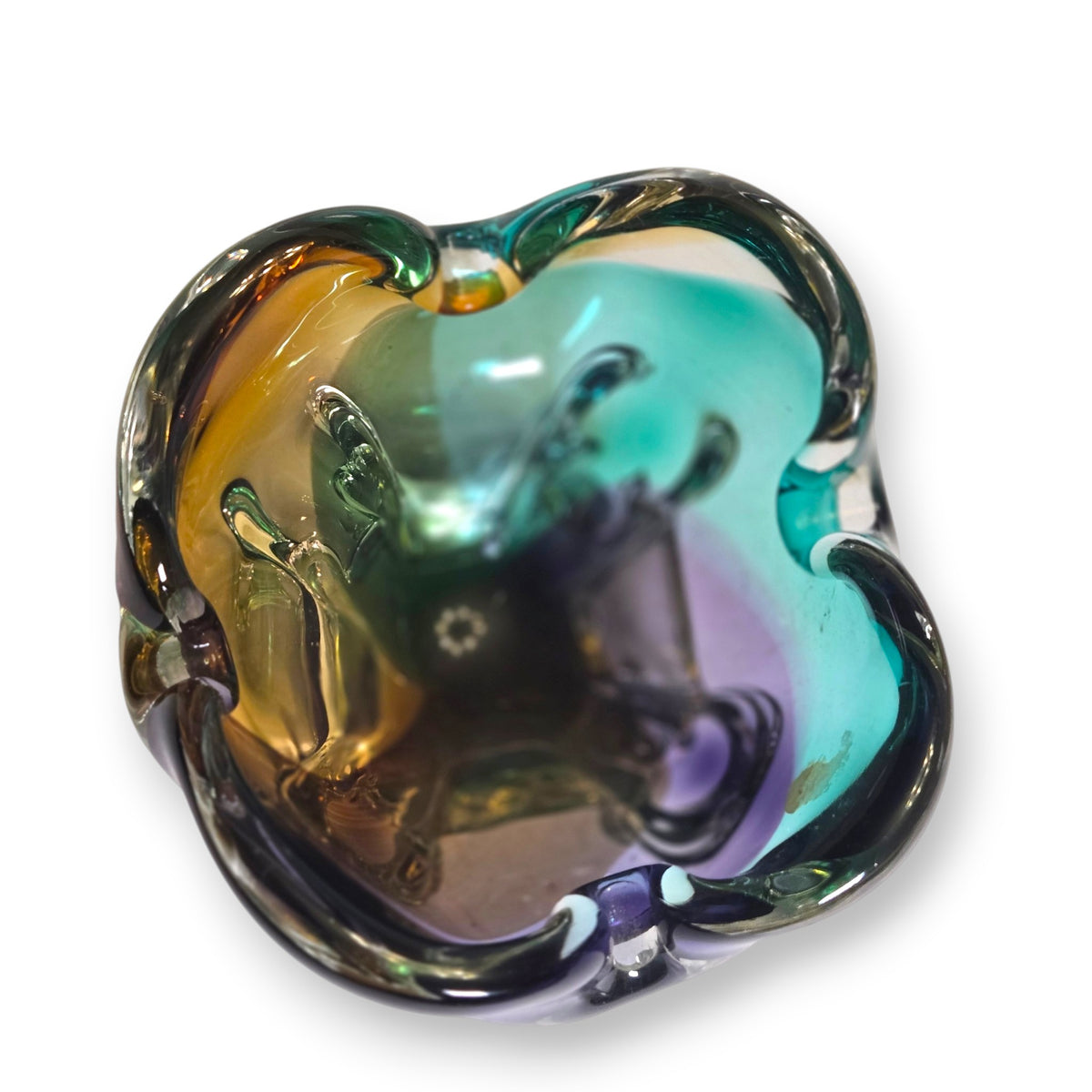 Murano Vintage Turquoise Amethyst And Amber Colour Glass Bowl - Turquoise Blue