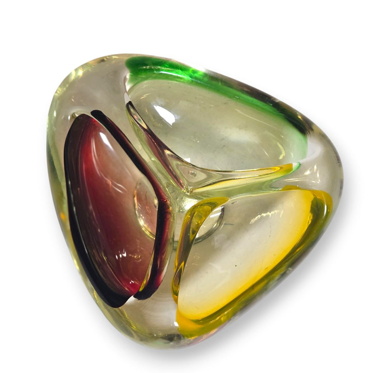 Murano Vintage Ruby Red Green and Yellow Glass Ashtray - Multi