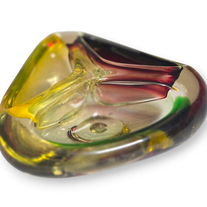 Murano Vintage Ruby Red Green and Yellow Glass Ashtray - Multi