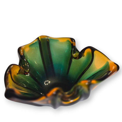 Murano Vintage Emerald Green And Amber Glass Ashtray Bowl - Green/Amber