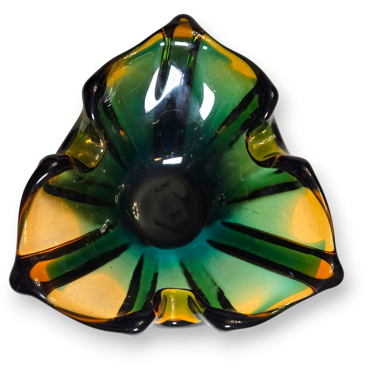 Murano Vintage Emerald Green And Amber Glass Ashtray Bowl - Green/Amber