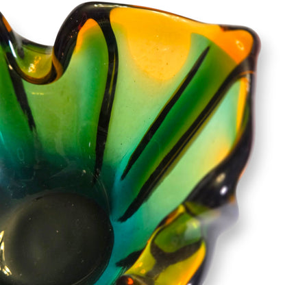 Murano Vintage Emerald Green And Amber Glass Ashtray Bowl - Green/Amber