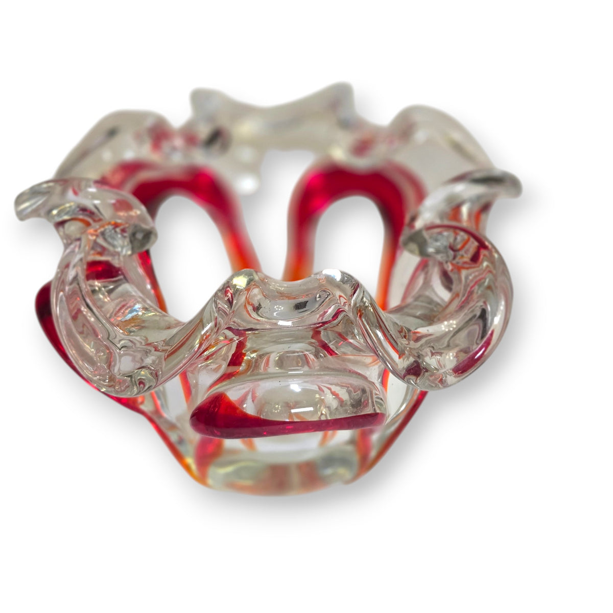 Murano Vintage Clear And Red Ribbons Glass Ashtray Bowl - Clear/Red