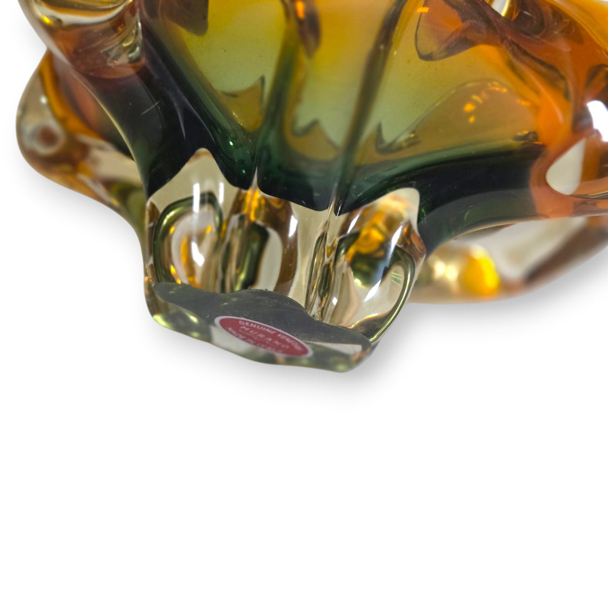 Murano Vintage Amber And Smoky Green Ashtray Bowl - Amber/Green