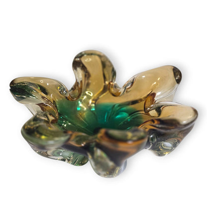 Murano Vintage Amber And Blue Glass Ashtray Bowl - Amber