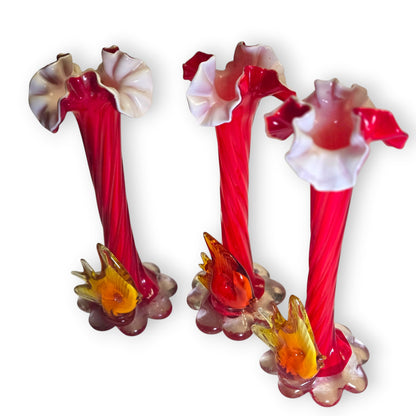 Murano Vintage Set Of Three Red Bud Vases - Red